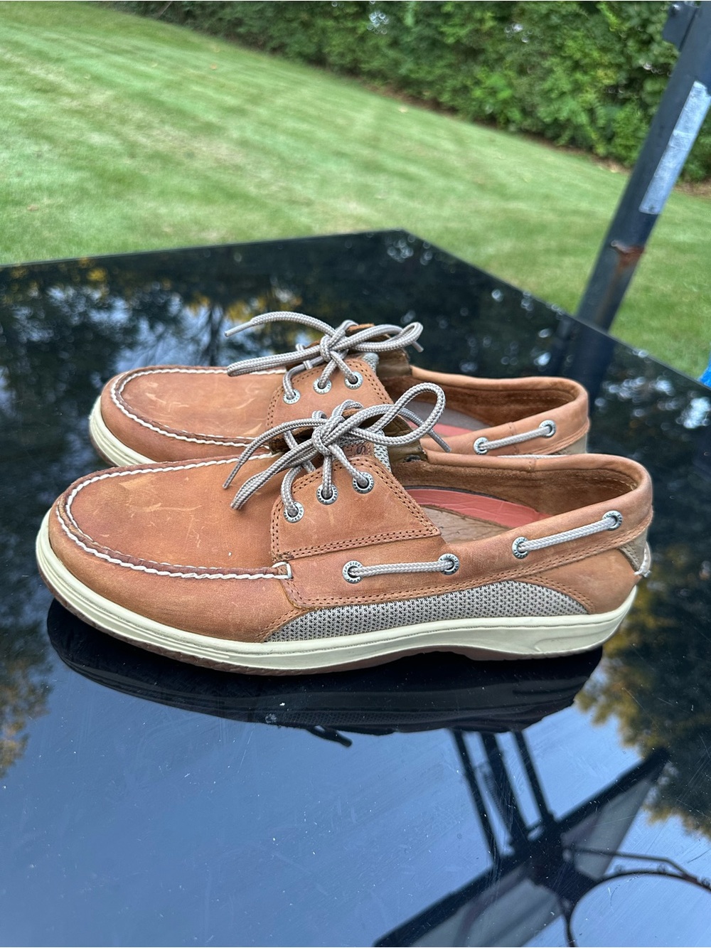 Sperry Men's Tan Leather Boat Shoes with Ivory Soles